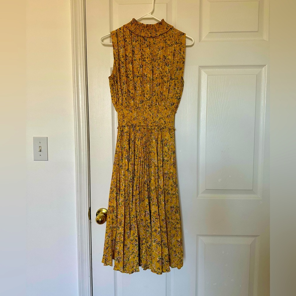Nanette Lapore Floral Yellow Sleeveless High Neck Pleated Midi Dress Size 4